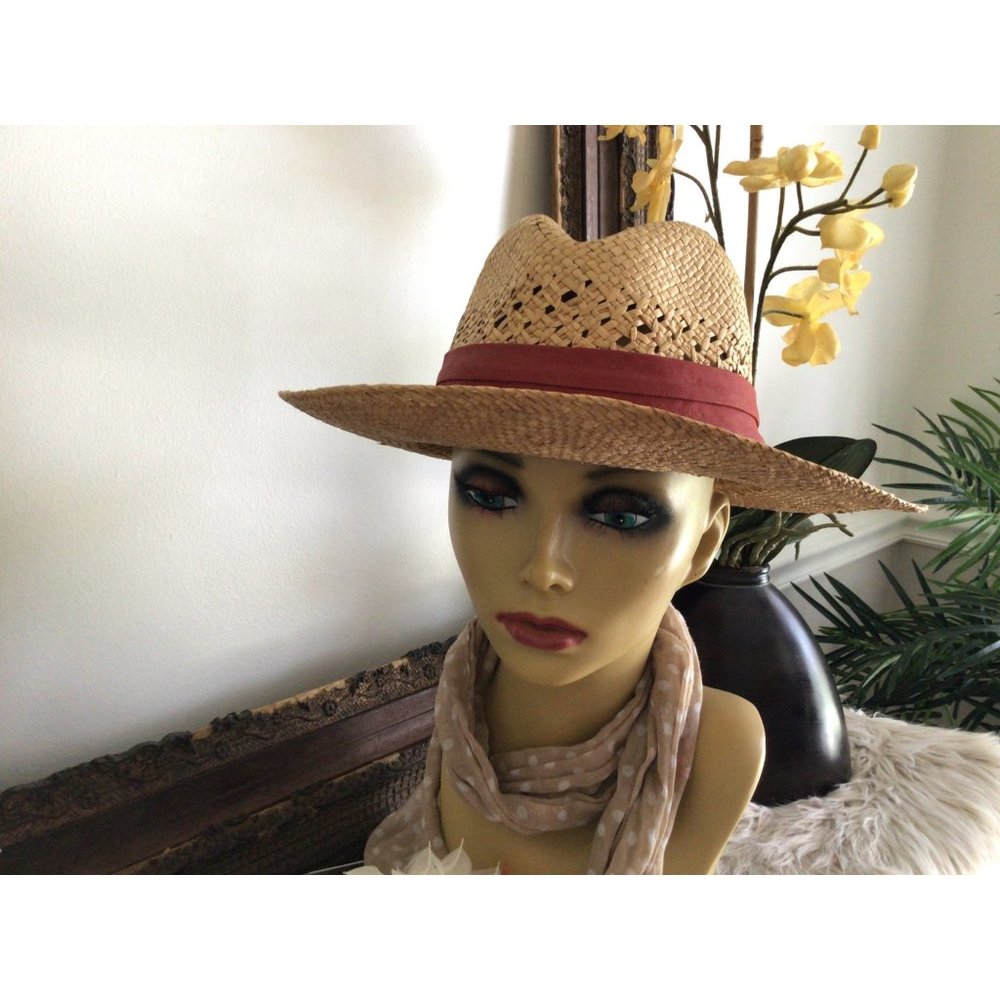 Vintage Womens Summer Hand Woven Panama Straw Beach Hat with Red Ribbon Band